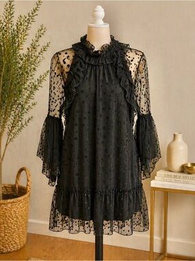 CQ by CQ Black Sheer Ruffle Babydoll Romantic Boho Whimsigoth Dress Size Large